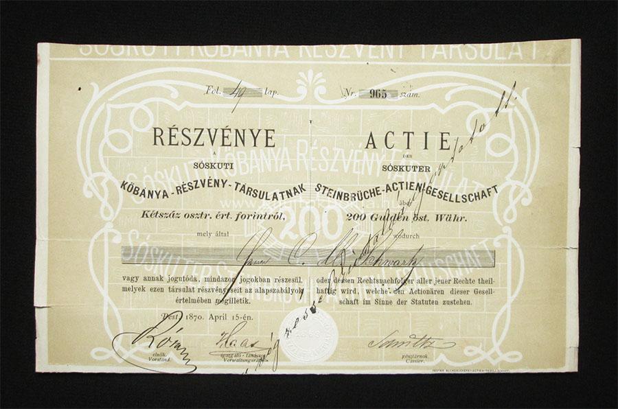 Sóskuti Kõbánya Részvény-Társulat részvény 200 forint 1870